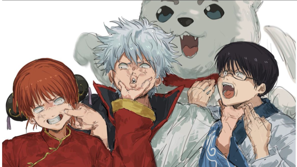 Gintama main characters - Kagura, Sakata Gintoki, Shimura Shinpachi and Sadaharu