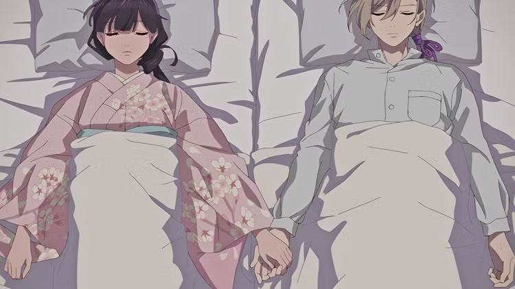 Miyo and Kiyoka hold hands as they sleep side by side. Miyo is on the left and Kiyoka is on the right. Both are laying on their backs.