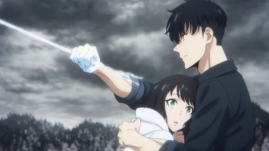 Jinwoo saves Song-yi from arrow episode 1 (Image via A-1 Pictures)