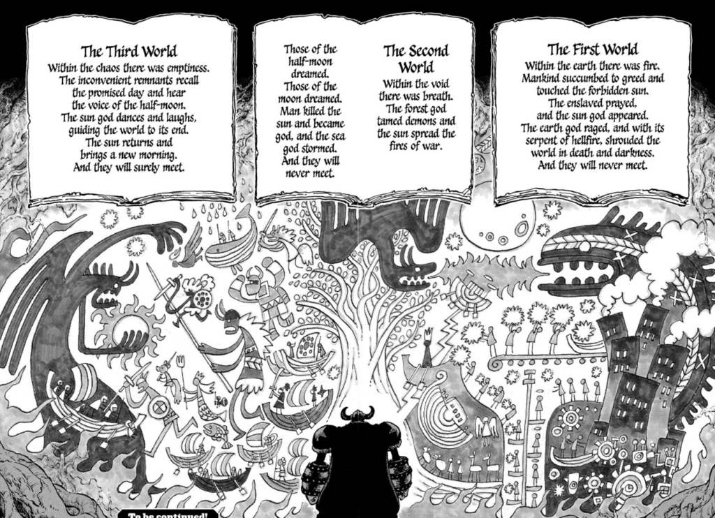 Final Panel of One piece Chapter 1138, Harley Text from the Mural of void Century Showing First world, Second World, Third World